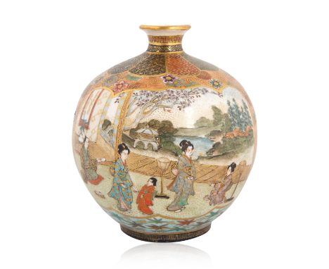A SMALL JAPANESE EARTHENWARE VASE, MATSUMOTO HOZAN, DAI NIPPON, KYOTO, MEIJI ERA, TAISHO PERIOD (1879-1926)of rounded squat f