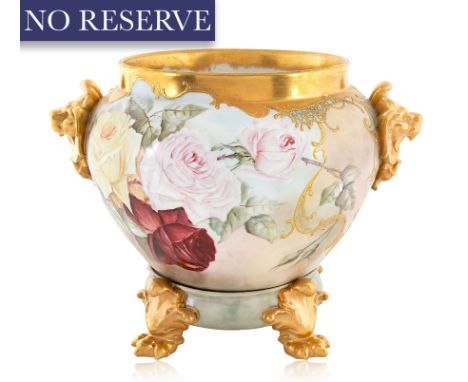 A FRENCH PORCELAIN JARDINIERE, DELINERES D&amp;C, FRANCE, CIRCA 19TH CENTURY of squated baluster form with a tapered neck, tw
