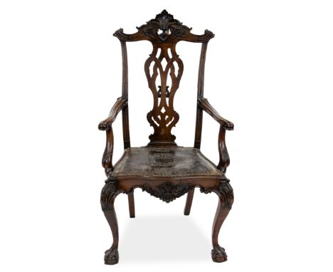 A RENAISSANCE REVIVAL MAHOGANY FAUTEUIL, LATE 19TH CENTURY carved throughout with rocaille motifs, with openwork splat, the s