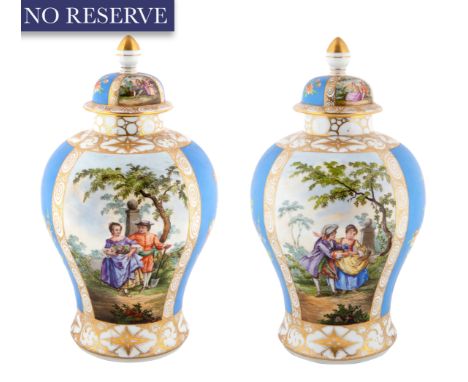 A PAIR OF GERMAN COVERED PORCELAIN URNS, CARL THIEME, POSTCHAPPEL, 1888-1901each of baluster form, painted with different cou