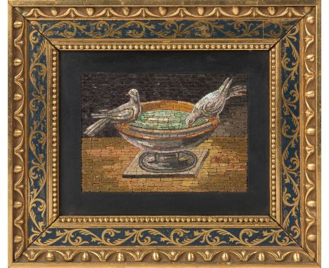 A MODERN ITALIAN MICRO MOSAIC PANEL, VATICAN MOSAIC STUDIOdepicting a pair of pigeons at a fountain, studio, inventory number