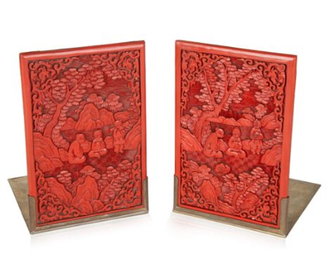 PAIR OF CHINESE CARVED CINNABAR LACQUER PANELS, 18TH-19TH CENTURY, MOUNTED AS BOOKENDSeach panel rectangular, finely carved w