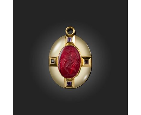 No reserve - a glass intaglio, amethyst and garnet pendant/brooch, circa 1992, set with an oval red glass intaglio depicting 