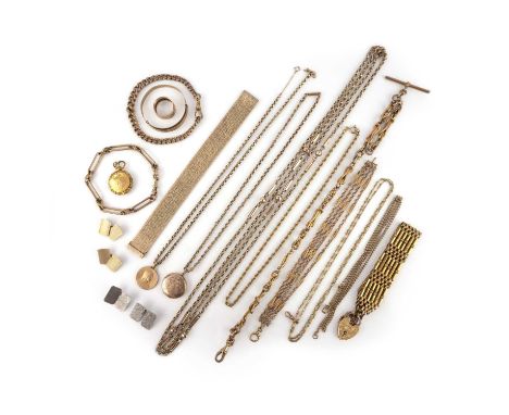A collection of gold jewels, late 19th and 20th century, comprising: a gate link bracelet; an expandable bangle; a curb link 