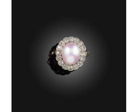 A cultured pearl and diamond ring, early 20th century and later, of cluster design, set with a cultured pearl of pink tint, w