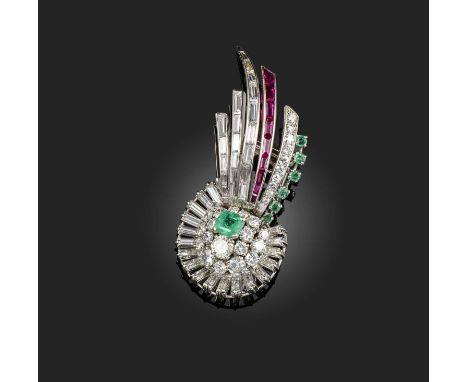 A diamond, emerald and ruby brooch, France, 1960s, of abstract rosette design, set with brilliant-cut, single-cut and baguett