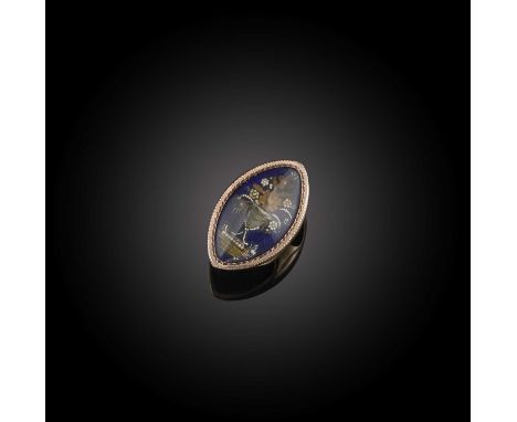 A mourning ring, late 18th/ early 19th century, of navette outline, centring on a glazed compartment depicting a bouquet of f