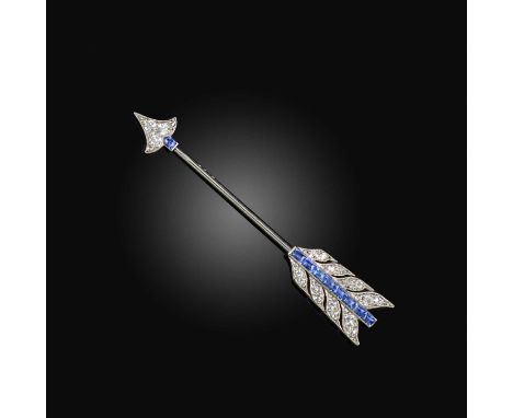 Cartier, a sapphire and diamond jabot pin, the stylised arrow set with single-cut diamonds and buff-top sapphires in platinum