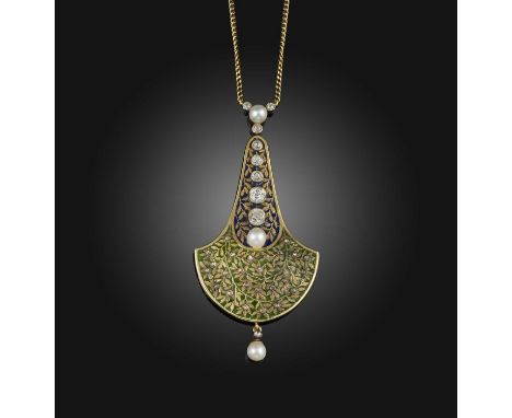 An Art Nouveau pearl, enamel and diamond pendant, first half 20th century, of flaring outline, set with a line of cushion-sha