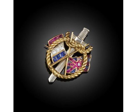 A rare Belle Epoque sapphire, ruby and diamond 'Entente Cordiale' brooch, early 20th century, designed as a sword flanked by 