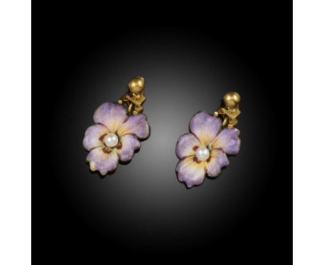 A pair of late 19th century enamel flower earrings, the stylised pansies decorated with shaded enamel and a central seed pear