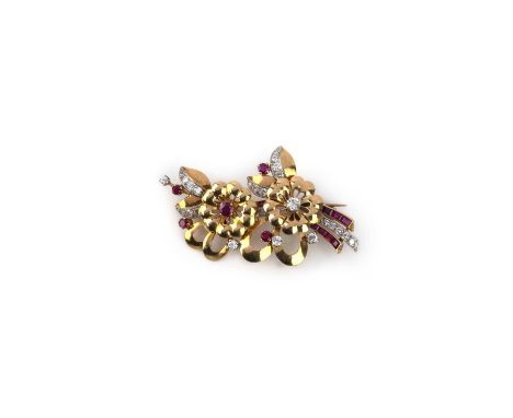A Retro ruby and diamond brooch, 1940s, designed as a spray of flowers in polished gold, set with circular-cut diamonds and c