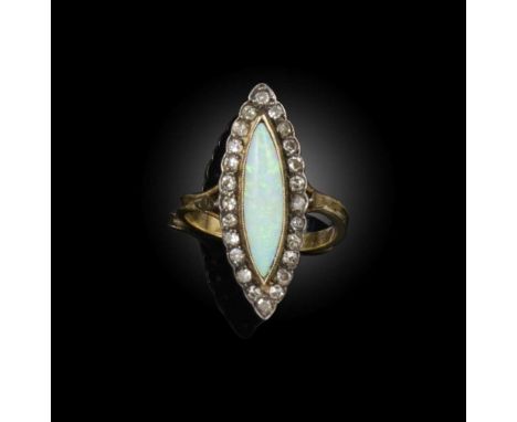 An opal and diamond navette-shaped ring, the lozenge-shaped opal set within a surround of diamonds in silver and gold, size L