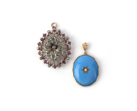 No reserve - Two pendants, one of navette outline, set with a radiating cluster of brilliant-cut diamonds, circular-cut rubie