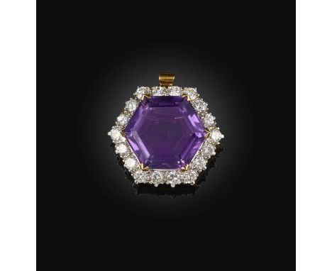 An amethyst and diamond brooch/pendant, claw-set with a hexagonal step-cut amethyst, within a border of brilliant-cut diamond