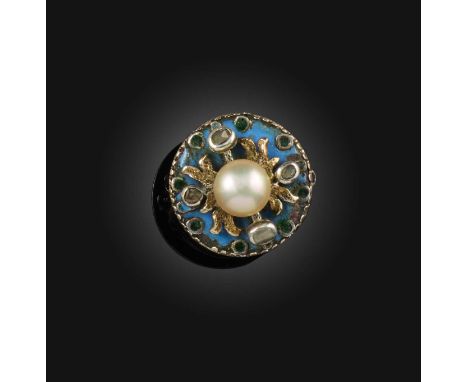 A natural pearl, enamel and diamond ring, set with a bouton-shaped natural pearl measuring approximately 8.9-90 x 5.8mm, to a
