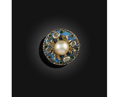 A natural pearl, enamel and diamond ring, set with a bouton-shaped natural pearl measuring approximately 8.9-90 x 5.8mm, to a