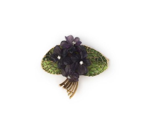 Koch, a carved amethyst, enamel and diamond brooch, mid 20th century, designed as a posy of violets in carved amethyst, each 