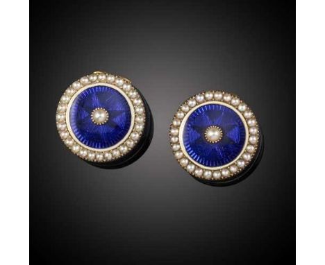 A pair of gold, enamel and pearl patch boxes, 19th century, each of cylindrical form, applied with deep blue guilloché enamel