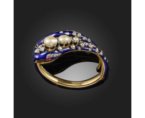 A Victorian pearl, enamel and diamond bangle, mid 19th century, designed as a snake applied with blue enamel, its hinged body