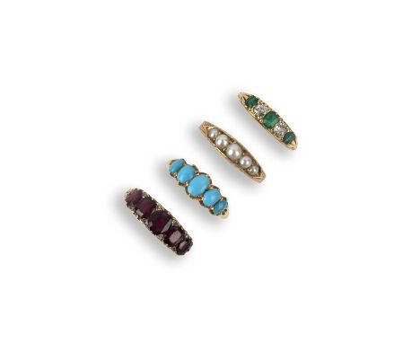 A collection of four rings, each of five-stone design, set with oval garnets and rose-cut diamonds; turquoise cabochons; half