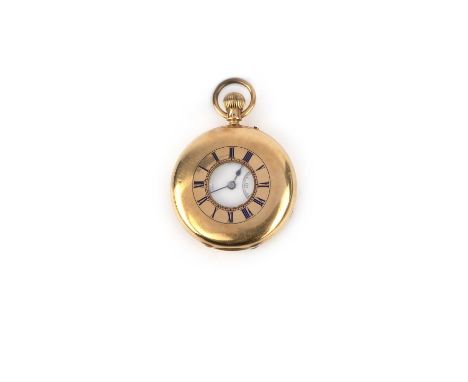 Goldsmith's Company, an 18ct gold half hunter pocket watch, circa 1882, the front with a circular aperture bordered by Roman 