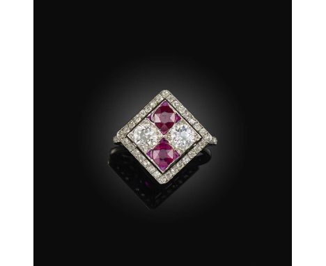 A fine Art Deco ruby and diamond ring, 1920s, of square outline, set with two circular-cut diamonds and two circular-cut rubi