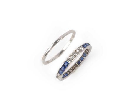 A sapphire and diamond eternity ring and wedding band, mid 20th century, comprising: an eternity ring set with single-cut dia