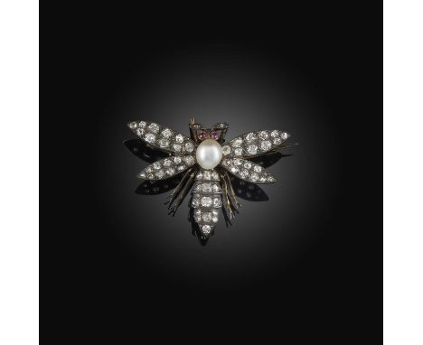 A pearl, ruby and diamond brooch, late 19th century, designed as a bee, set with cushion-shaped diamonds, its thorax set with