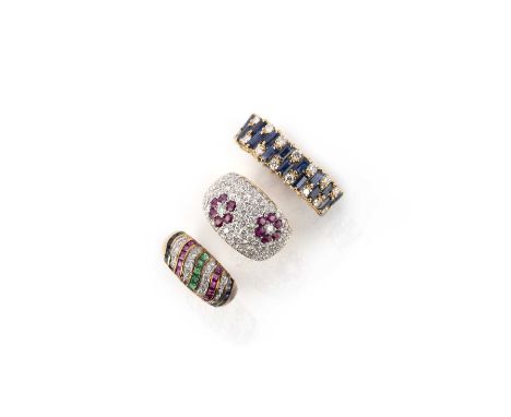Three gem-set and diamond rings, comprising: a ring of bombé design, pavé-set with brilliant-cut diamonds and floral arrangem