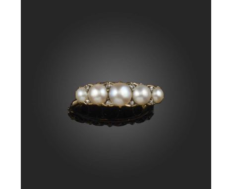 A half-pearl and diamond ring, early 20th century, set with a sequence of five graduated half pearls, accented with rose-cut 