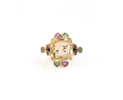 A yellow sapphire, pink sapphire and emerald ring, set with a cushion-shaped yellow sapphire weighing approximately 8.00 cara