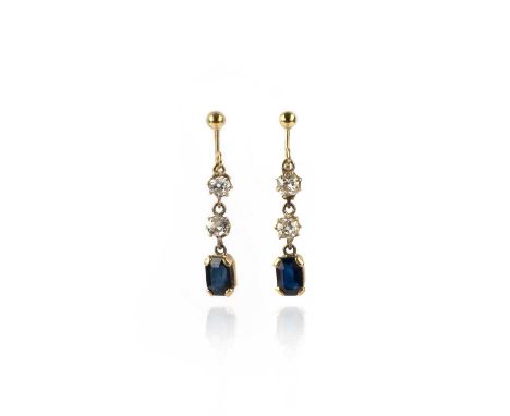 A pair of sapphire and diamond earrings, each composed of an articulated line of two claw-set cushion-shaped diamonds suspend