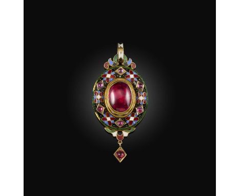 No reserve - a ruby and enamel mourning locket, mid 19th century, designed in the 'Holbeinesque' style, centring on a foiled 