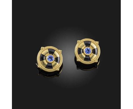 No reserve - Theo Fennell, a pair of gold, enamel and tanzanite earrings, circa 1994, each of circular outline, centring on a