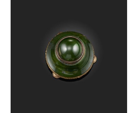 Fabergé, a nephrite and gold bell push, workmaster Henrik Wigström, late 19th century, composed of polished green nephrite, t