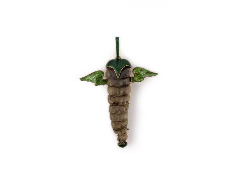 Child &amp; Child, an unusual enamel caduceus pendant, the green guilloche pendant loop suspends a snake's rattle with an ena