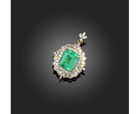 A large emerald and diamond pendant, the emerald-cut emerald weighs approximately 24.00cts, set within radiating surround of 