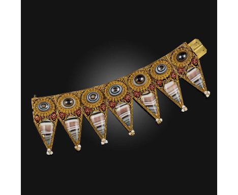 A Regency gem-set and enamel gold bracelet, set with banded agate cabochons in filigree surround and red and white enamel flo