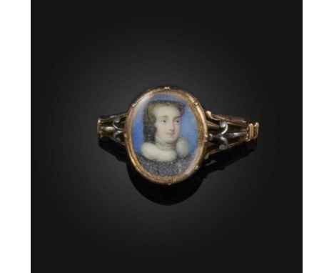 After Bernard Lens III, an ivory miniature mourning ring, 18th century, centring on a glazed ivory miniature commonly identif