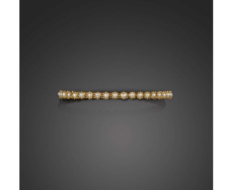 A gold and pearl bangle, the solid bangle composed of pearls in gold collet settings, inner circumference 18.7cm, pearls unte