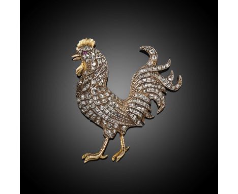 A diamond brooch, late 19th century, realistically modeled as a cockerel, pavé-set with graduated rose-cut diamonds and a cab