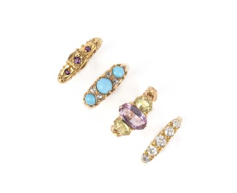 A collection of four gold and gem-set rings, 19th century, comprising: a pink topaz and chrysoberyl ring, size M; a five-ston