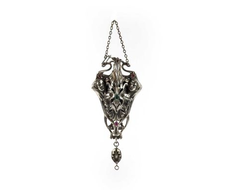 An unusual Art Nouveau silver and gem-set pendant, early 20th century, designed as a standing bird, possibly a shoebill, amon