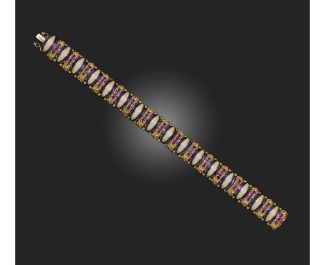 An enamel and ruby bracelet, composed of flexible textured gold linking, applied with stripes of blue and white enamel, space