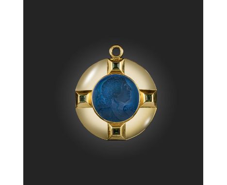 No reserve - a glass intaglio, gold and tourmaline pendant, circa 1992, of circular outline, centring on a blue glass intagli