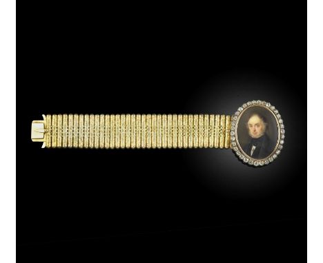 λ Karl-August Schreinzer (1819-1897), a portrait miniature, gold and diamond bracelet, mid 19th century, the clasp set with a