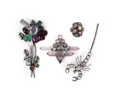An Arts and Crafts sapphire and gem-set brooch, and a collection of jewels, early-mid 20th century, comprising: a brooch desi