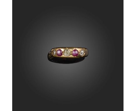 A ruby and diamond half hoop ring, set with cabochon rubies and diamonds in rubover, closed-back yellow gold settings, size M