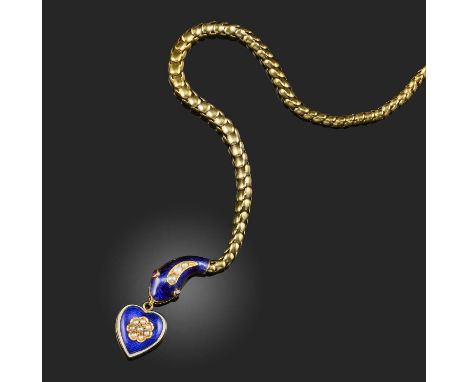 A mid 19th century snake bracelet, circa 1860, the stylised serpent with blue enamel head set with seed pearls, on a graduate